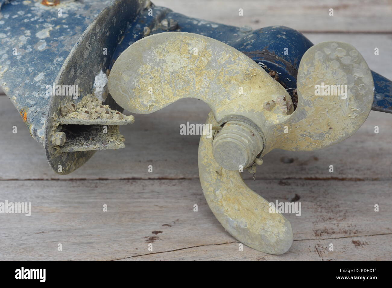 La parte inferiore della gamba parte di weathered motore fuoribordo con elica e altre superfici metalliche ricoperte con resti di cirripedi e altri incrostanti vita di mare per Foto Stock