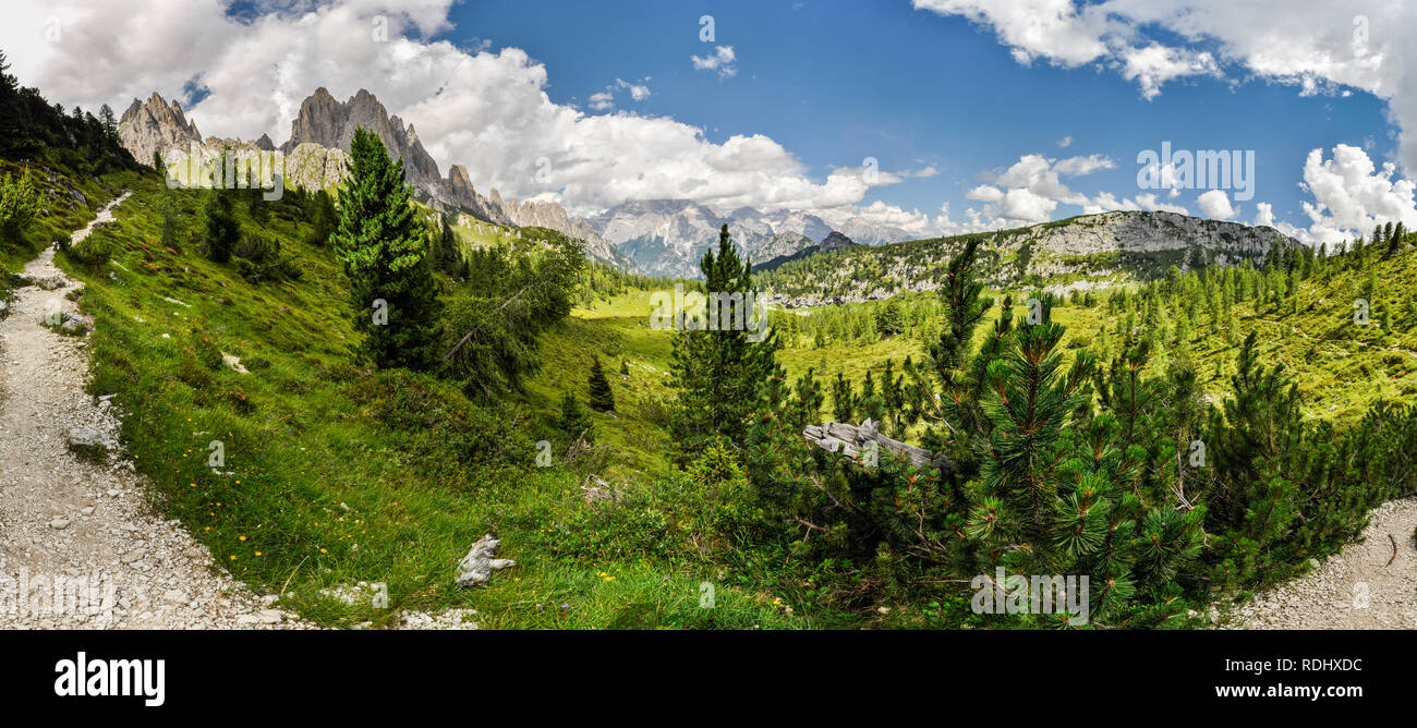 Bellissimo scenario alpino nelle Dolomiti italiane con forti picchi di montagna e prati verdi. Foto Stock