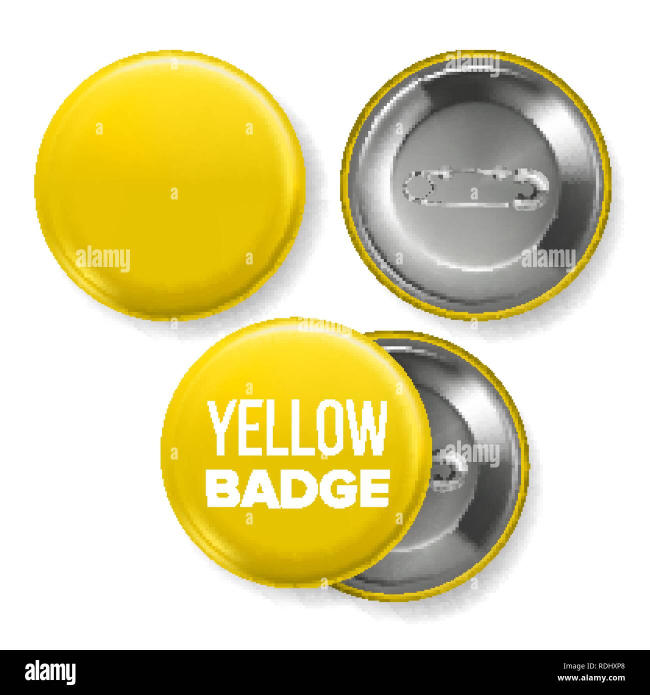 Badge giallo Mockup vettore. Pin spilla pulsante giallo vuota. Due lati.  Anteriore, vista posteriore. Branding design 3D illustrazione realistica  Immagine e Vettoriale - Alamy