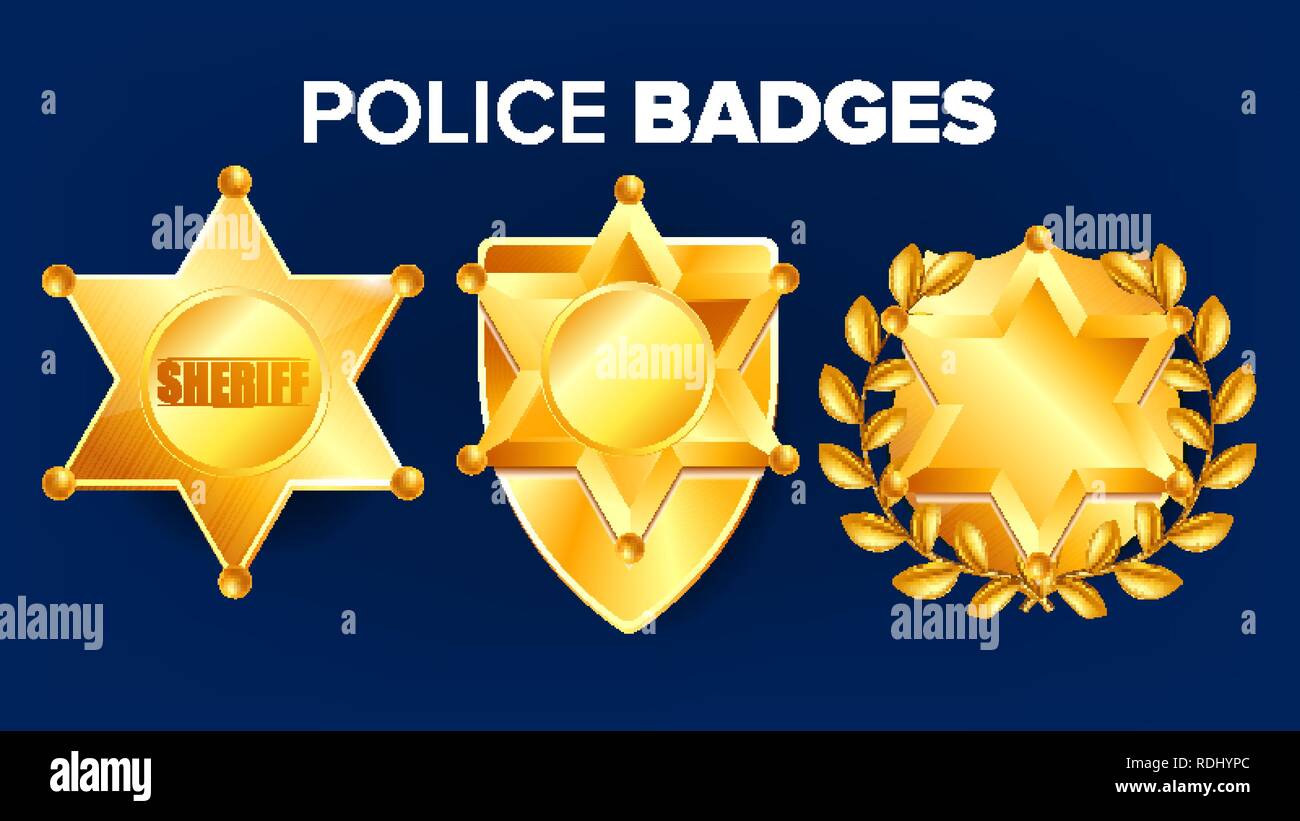 Sheriff Badge vettore. Golden Star. Icona di Officer. Detective Insignia. Sevurity emblema. In stile occidentale. Oggetto rétro. 3D illustrazione realistica Illustrazione Vettoriale