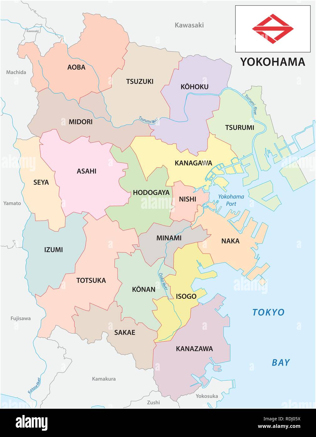Yokohama politica e amministrativa di mappa vettoriale con bandiera Illustrazione Vettoriale