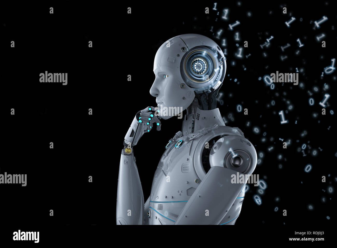 Macchina il concetto di apprendimento con robot a pensare con codice binario su sfondo nero Foto Stock