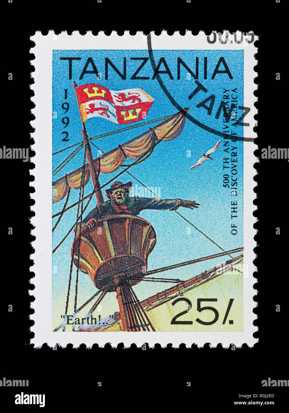 Francobollo dalla Tanzania raffigurante l'avvistamento di terra da Columbus' flotta, il cinquecentesimo anniversario della scoperta del nuovo mondo Foto Stock