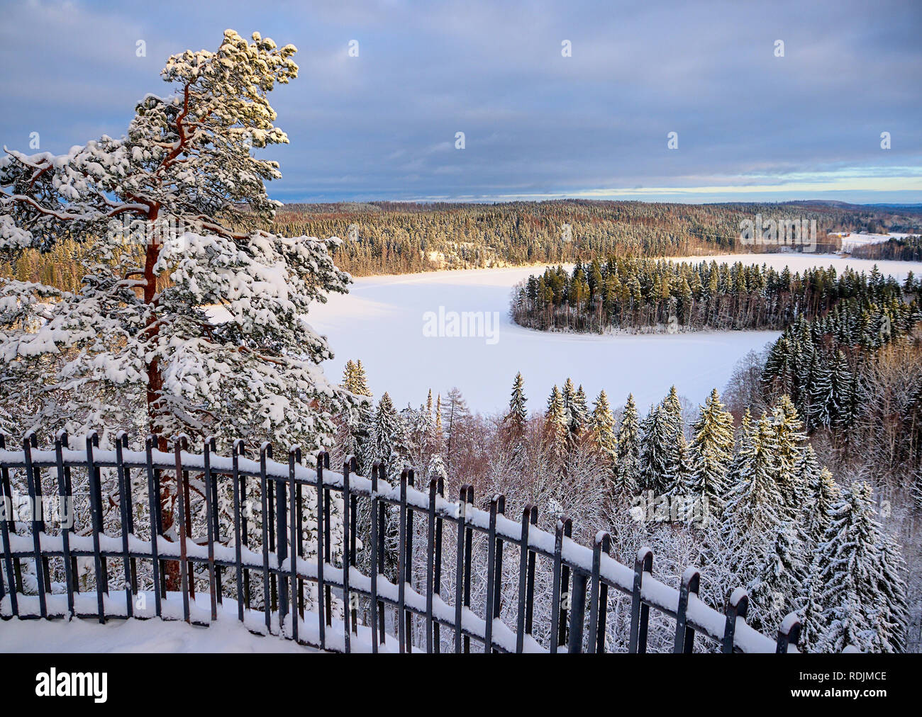 Paesaggio nazionale vista in Aulanko nature park di Hämeenlinna, Finlandia. Lago ghiacciato e boschi innevati su una soleggiata giornata invernale. Il sole splende per la fro Foto Stock