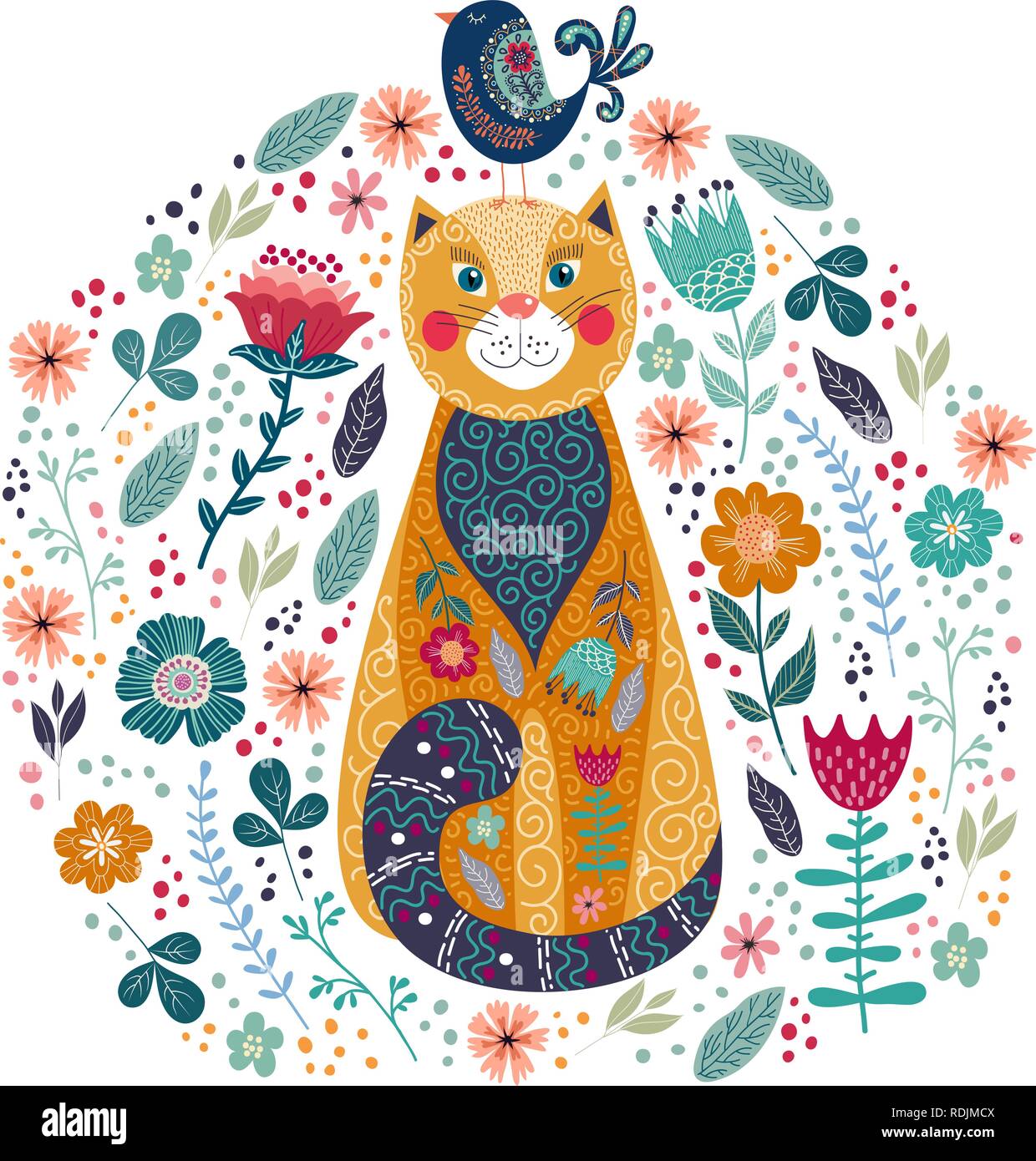 Vettore d'arte illustrazione colorata con cute cat, uccelli e fiori su uno sfondo bianco. Illustrazioni per la decorazione di interni e per l'uso nella vostra desig Illustrazione Vettoriale