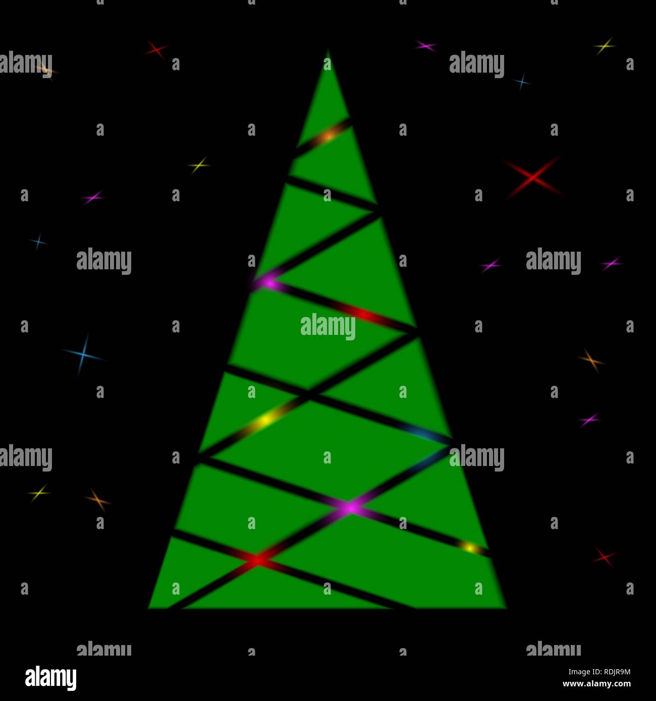 Silhouette di un albero di Natale con le stelle e la retroilluminazione Illustrazione Vettoriale