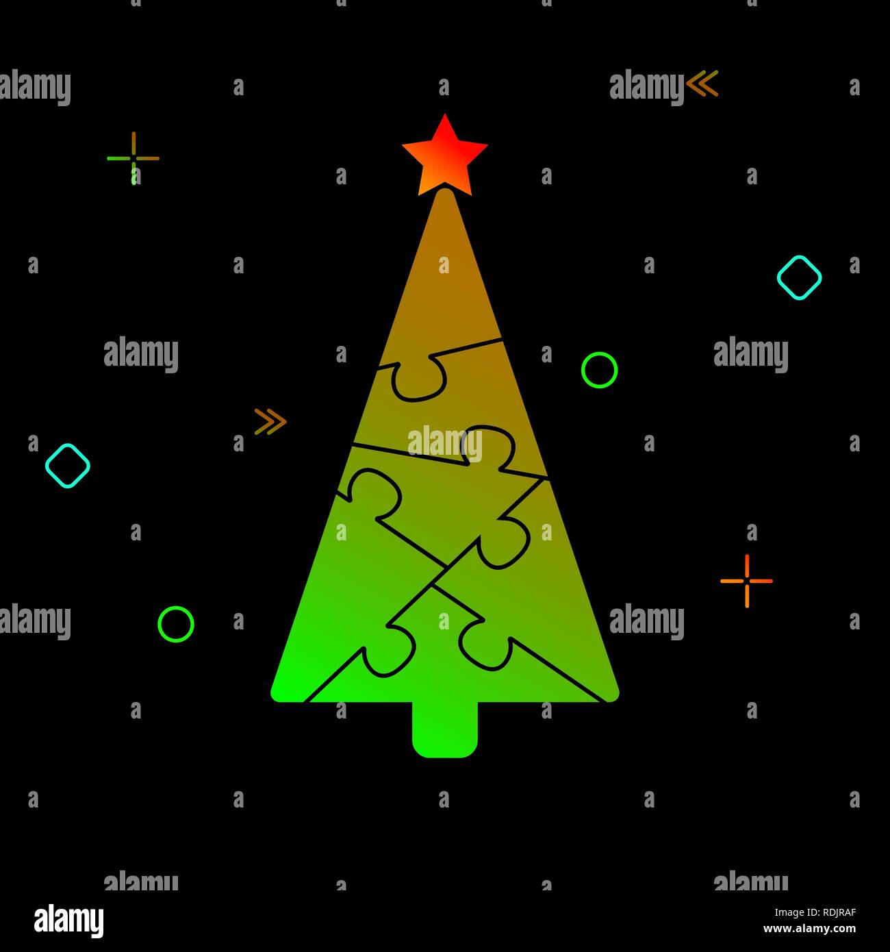 Silhouette di un albero di Natale da enigmi e festoso tinsel su sfondo nero Illustrazione Vettoriale