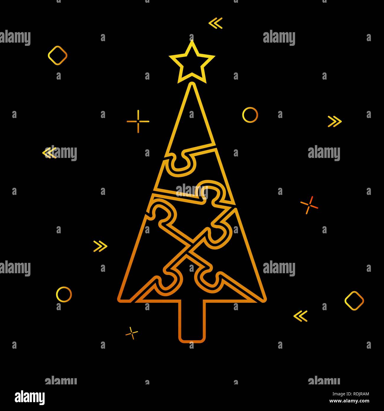 Il contorno di un albero di Natale da enigmi e festoso tinsel su sfondo nero Illustrazione Vettoriale