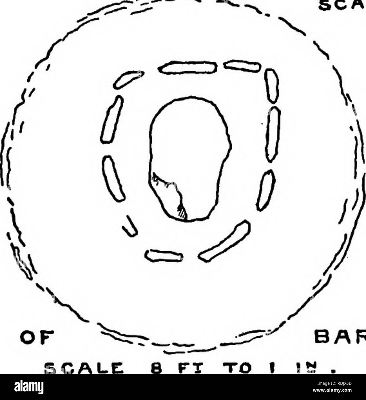 . La storia di Victoria della contea di Devon;. Storia naturale. La sezione del piano di Barrow. Scala 4. TT PER I W BARROW scala: Fig. 13.-in sezione e in pianta di Barrow, Chagford Fernworthy comune cerchio di pietra è importante e caratteristica predominante di un gruppo di resti sepolcrali, ed è molto probabile che ora possiamo vedere in questo crematorio o il sito del funerale feste, o entrambi. Chagford comune.-Questo comune è la prosecuzione verso est del Watern giù (O. S. xcix, NE). Nel 1897 lo scrittore ha trovato un integro barrow che giace vicino al lato nord della pista erbosa che * i.4i!* una derivazione Foto Stock