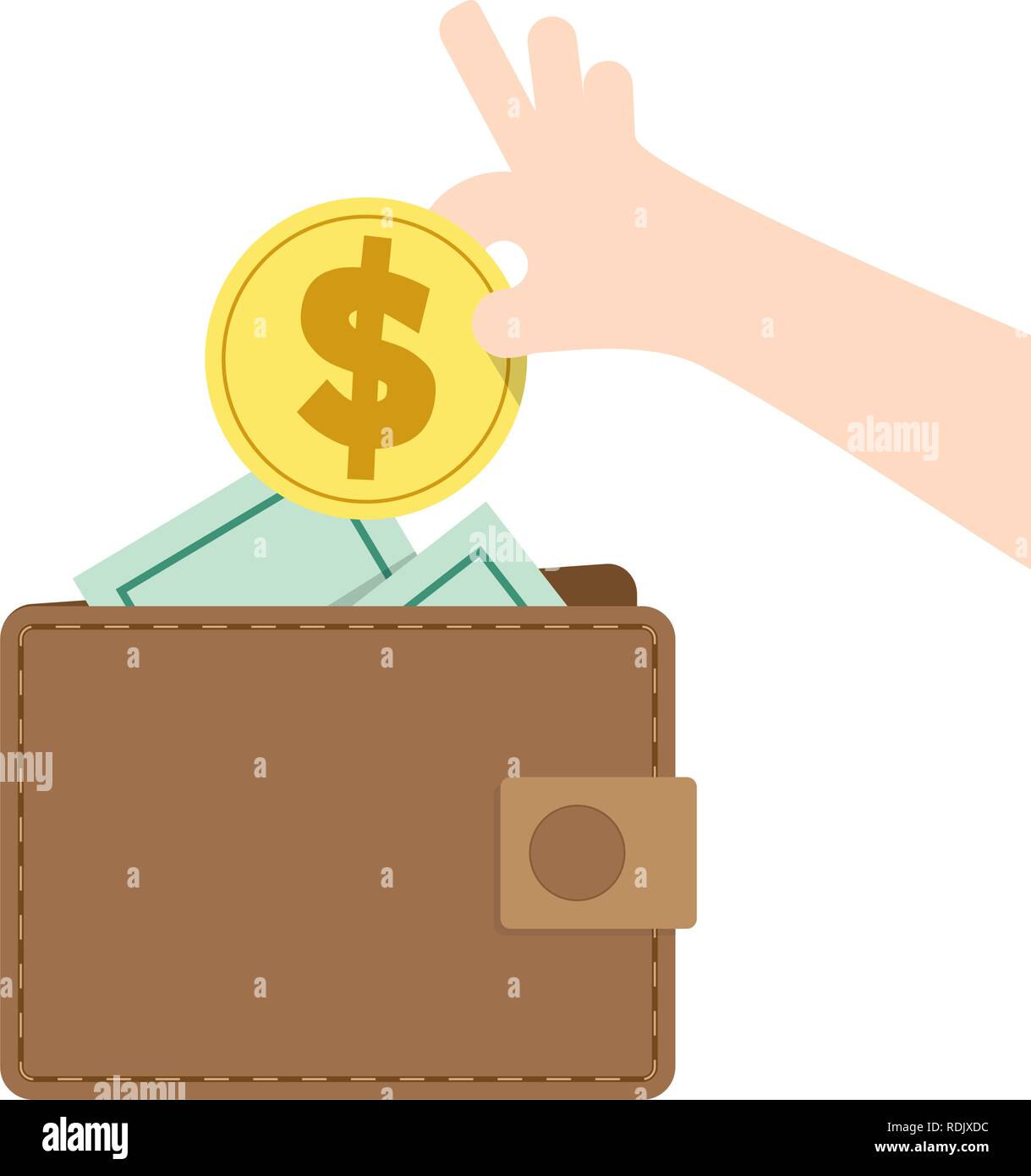 Illustrazione Vettore di risparmio di denaro e la spesa con il portafoglio. Concetto di finanza. Illustrazione Vettoriale