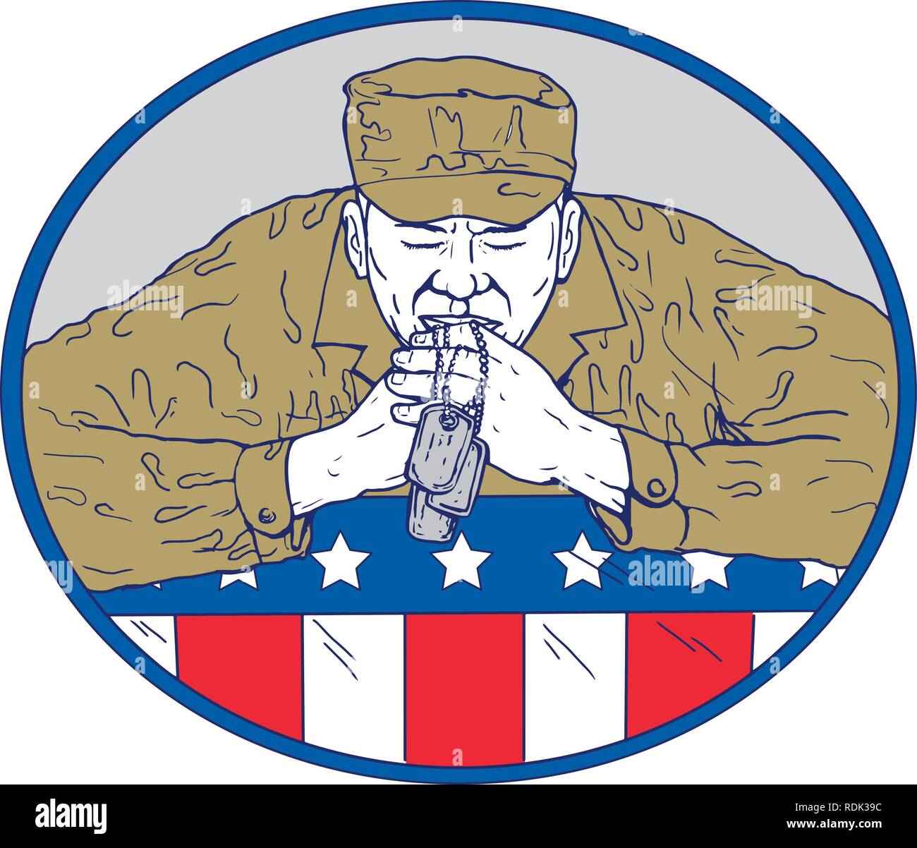 Schizzo di disegno illustrazione dello stile di un Africano soldato americano o veterano holding dog tag pregando nel corso stati uniti a stelle e strisce flag impostato all'interno ovale sul Illustrazione Vettoriale