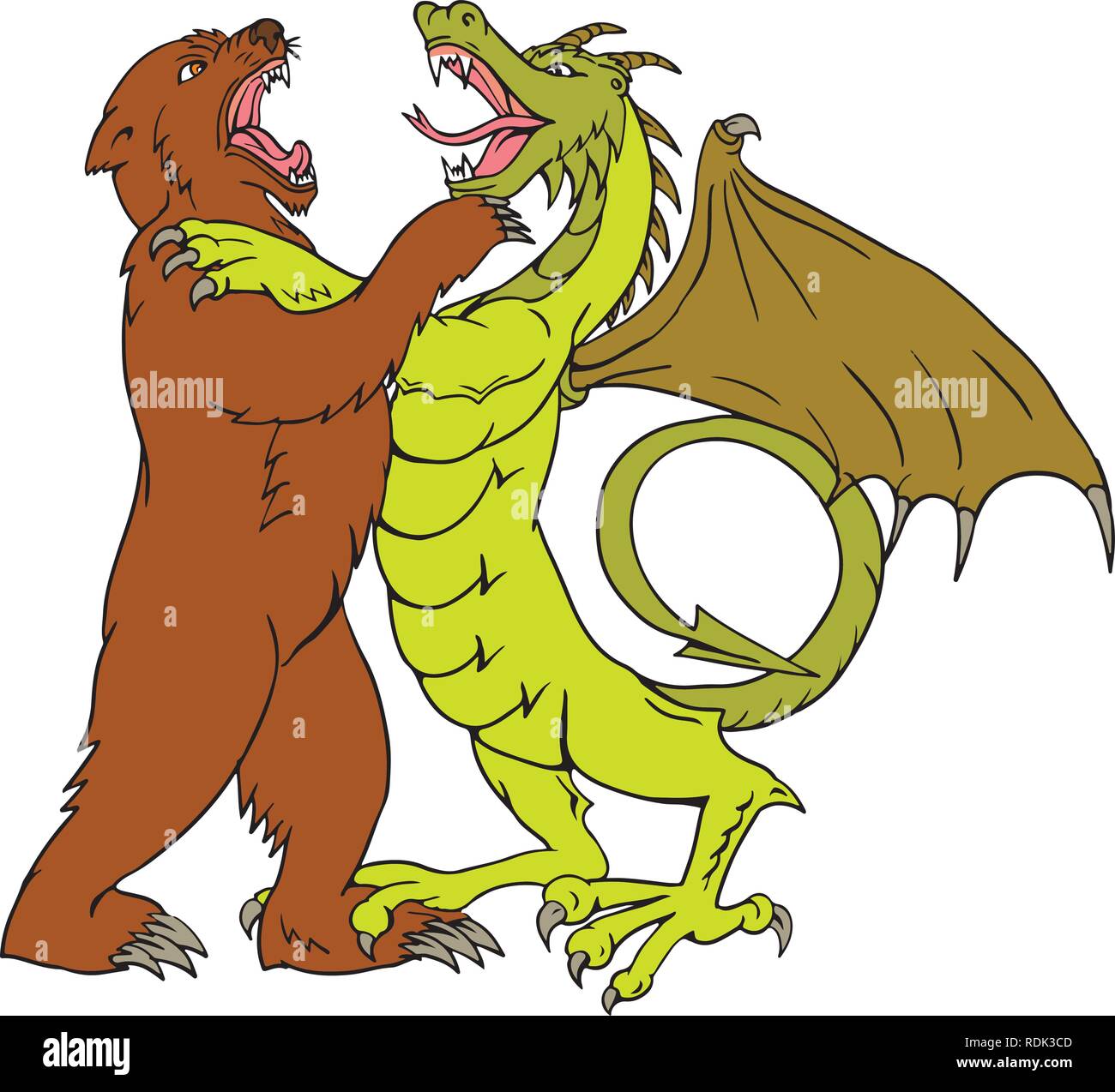 Disegno stile sketch illustrazione di un dragone cinese wrestling, giostre, sparring o combattendo contro un orso grizzly isolato su sfondo bianco fatto in fu Illustrazione Vettoriale