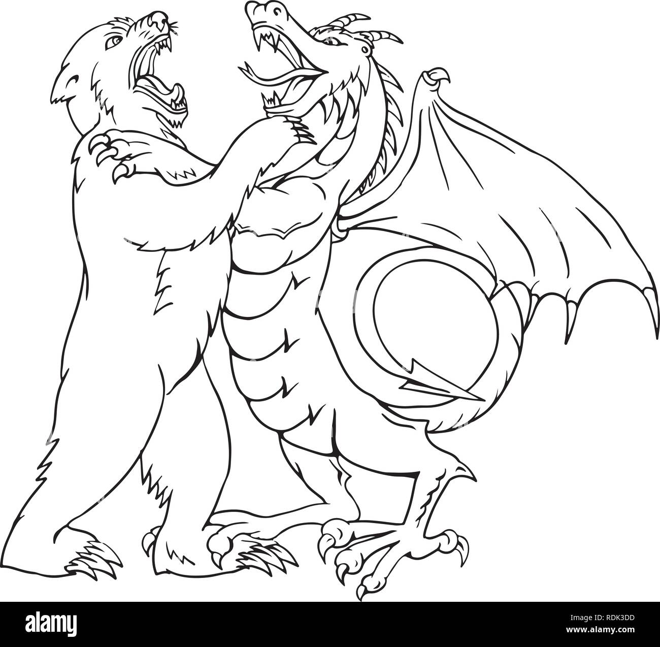 Schizzo di disegno illustrazione dello stile di un orso wrestling, giostre, sparring o combattendo contro un drago cinese isolato su sfondo bianco fatto in bianco e nero e Illustrazione Vettoriale