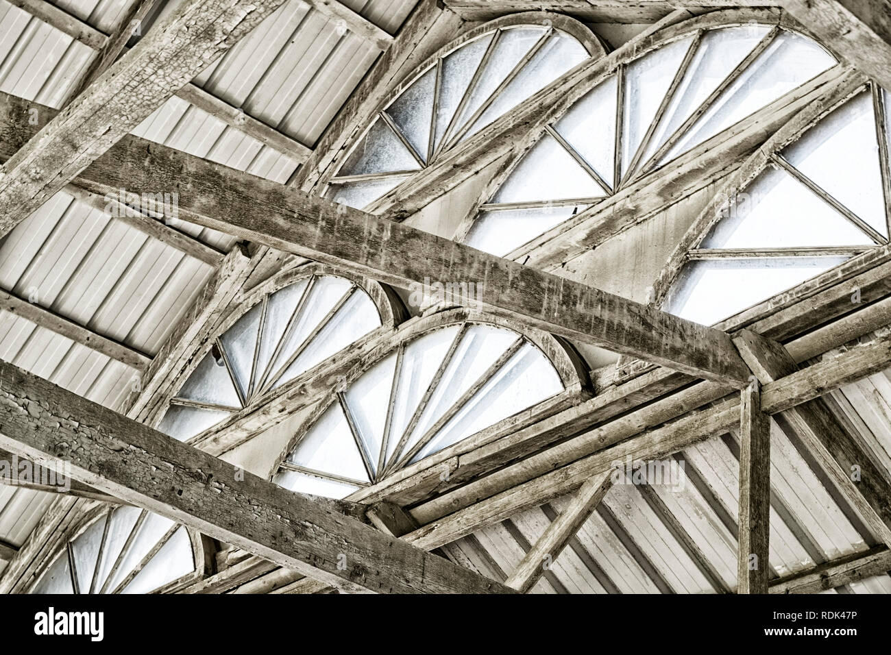 Finestre ad arco sotto la cupola di stagno fogli grigio verniciato e travi di legno Foto Stock