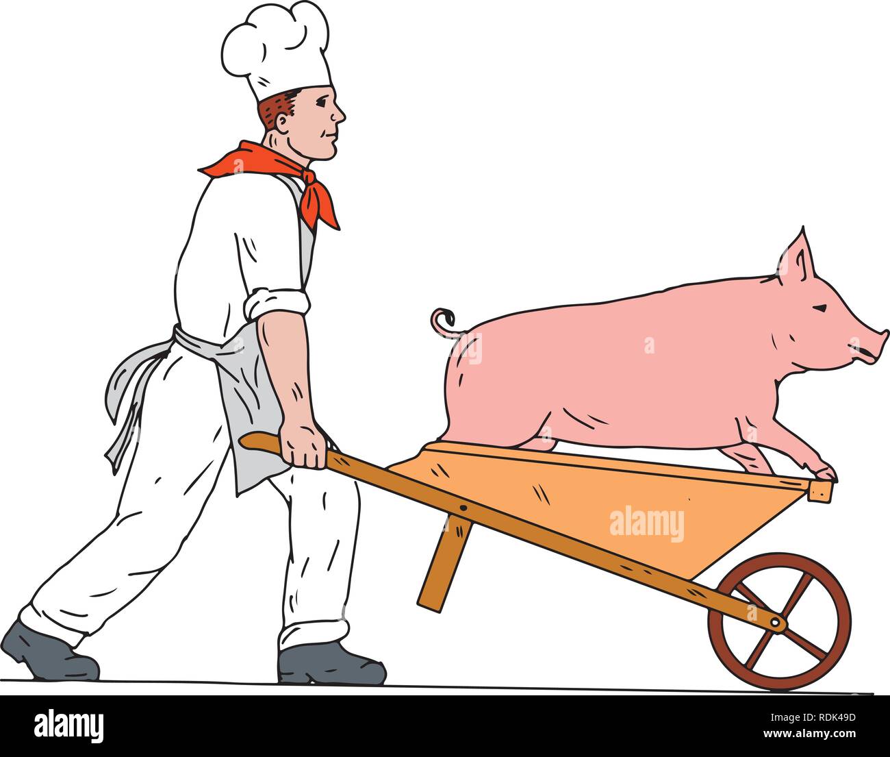 Schizzo di disegno illustrazione dello stile di uno chef, Cook, baker o macellaio carriola spinta portando un maiale visto dal lato isolato su sfondo bianco mi Illustrazione Vettoriale