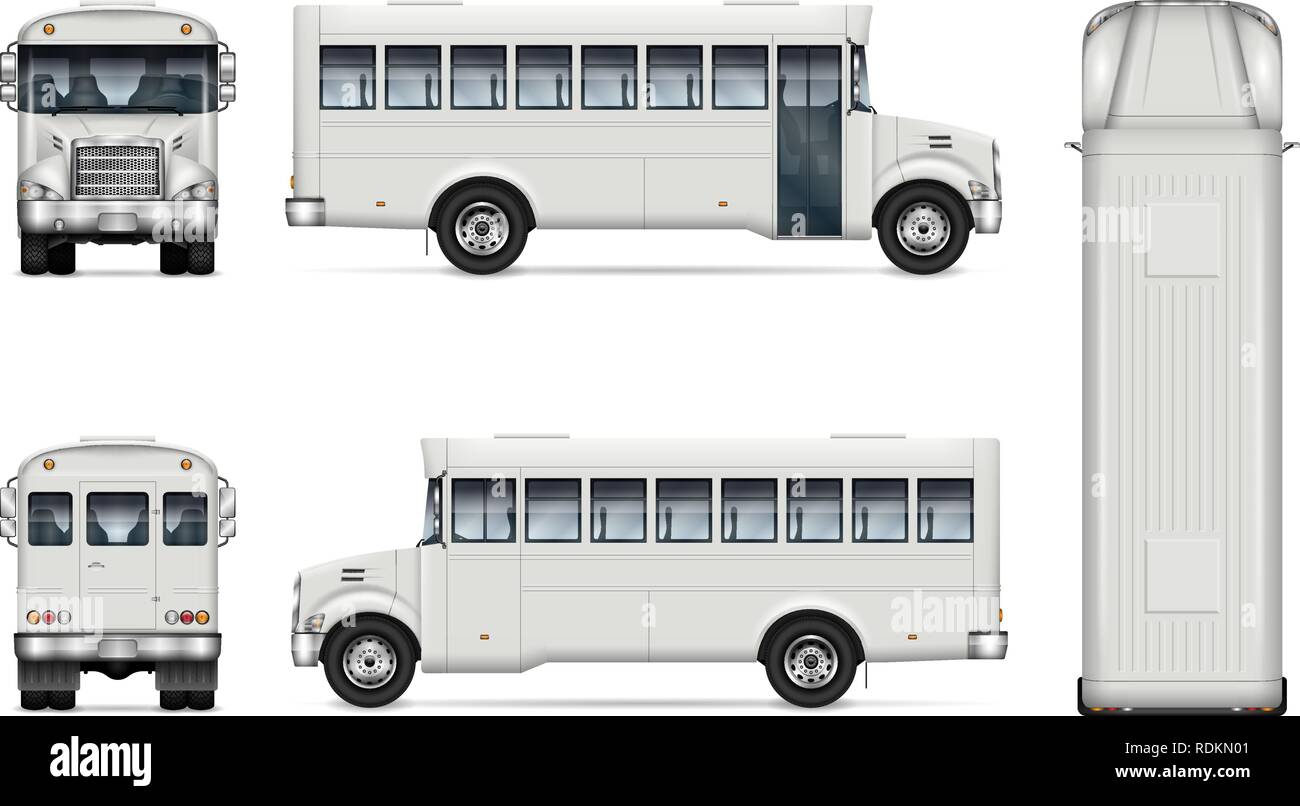 Bus bianco mockup del vettore per il branding del veicolo, pubblicità, corporate identity. Modello di isolato di realistica autobus su sfondo bianco. Illustrazione Vettoriale