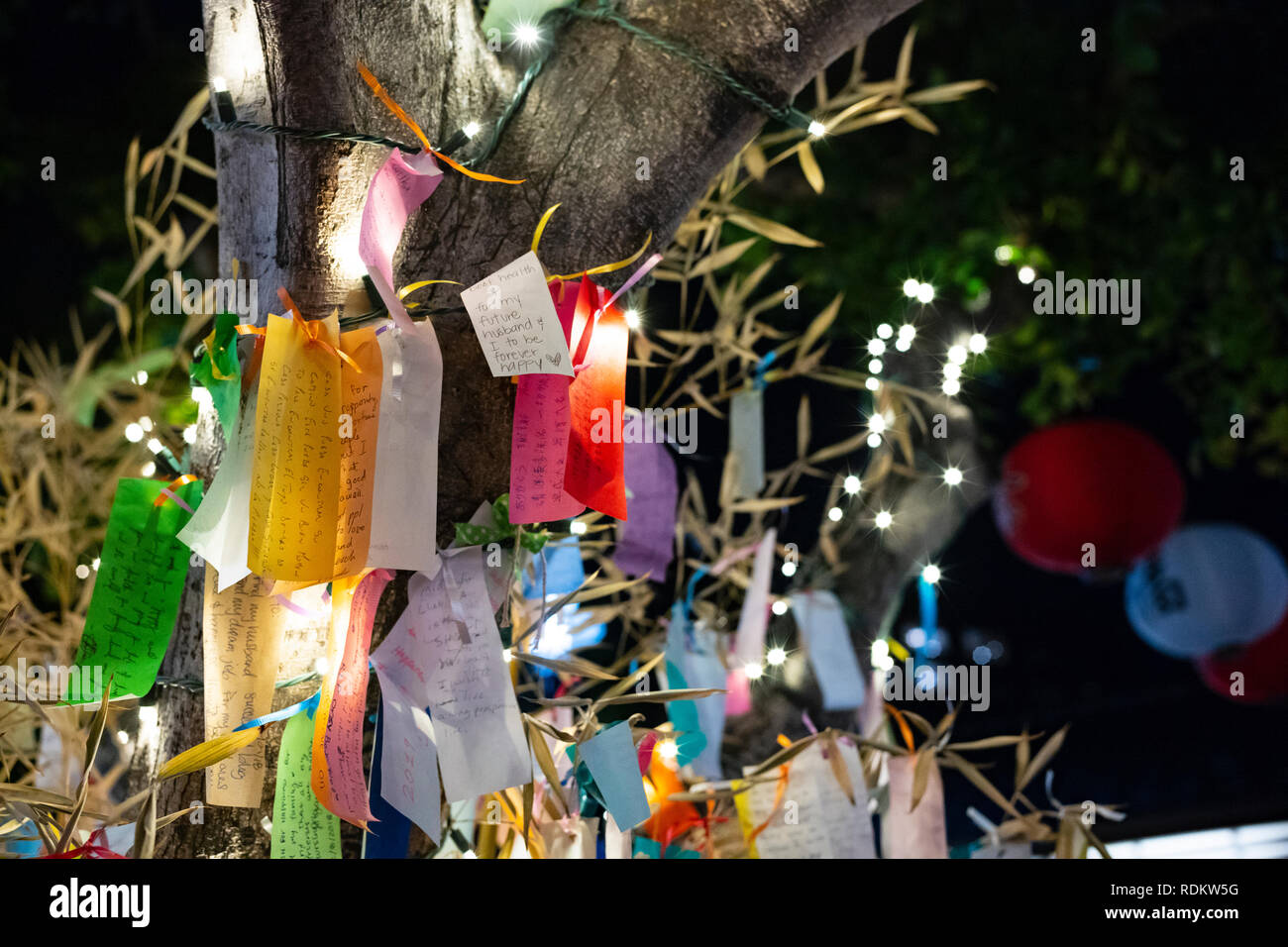 Auguri scritto su Tanzaku, piccoli pezzi di carta e appeso su un giapponese WISHING TREE, situato nella piccola sezione di Tokyo di Los Angeles in California Foto Stock