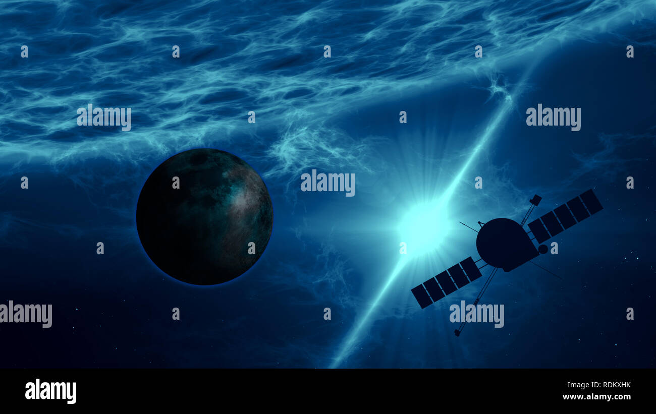 Lontano esopianeta esplorazione per veicoli spaziali. Sonda spaziale volo sopra il grande blu superficie quasar con raggi gamma, eruzione di plasma ed esplosione di energia. Foto Stock