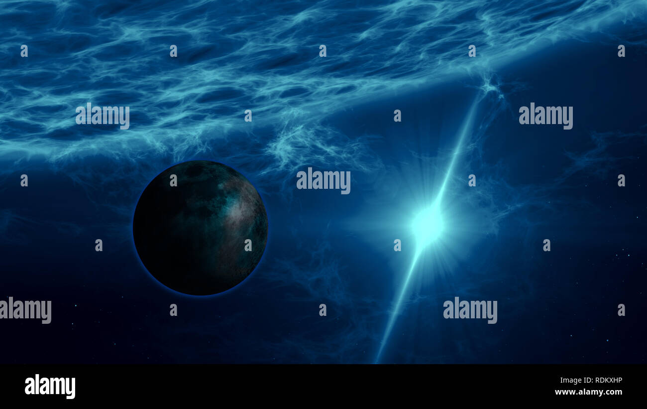 A terra come pianeta in orbita distante sistema quasar. Esopianeta roccioso su Blue star superficie con esplosione di energia e di eruzione di plasma. Spazio distante r Foto Stock