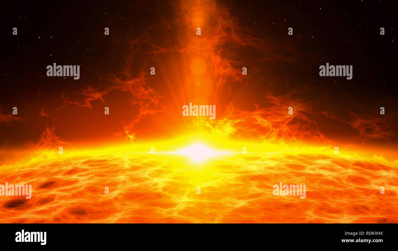 Sun eruzione con grande energia di razzi. Questione di plasma eruzione sulla superficie a stella. Esplorazione spaziale 3D sfondo astratto 3d'illustrazione. Foto Stock