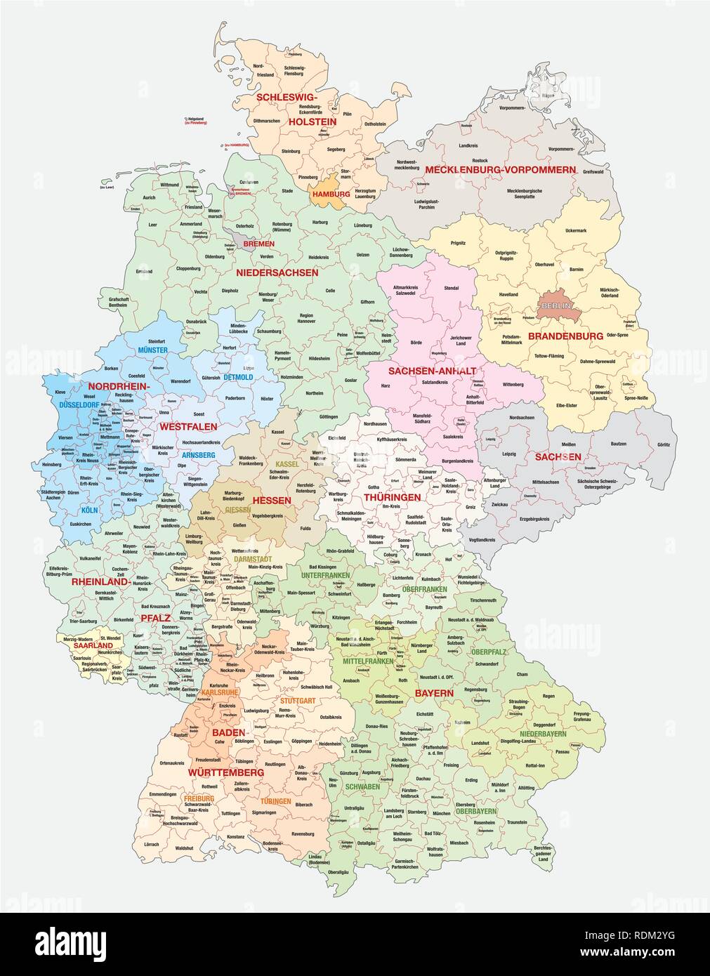 Politica e amministrativa di mappa vettoriale della Germania, Nuova revisione 2019 Illustrazione Vettoriale
