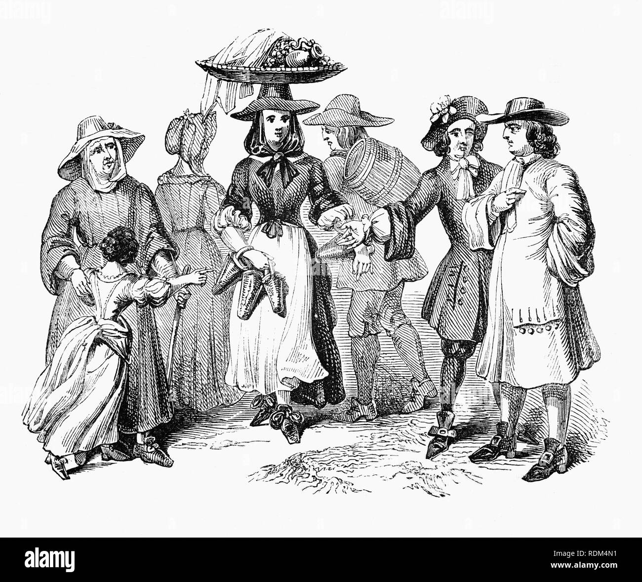 Fine del xvii secolo costume indossato dalla comunanza (ordinario folk) durante la coregency di re Guglielmo III e della Regina Maria II Foto Stock