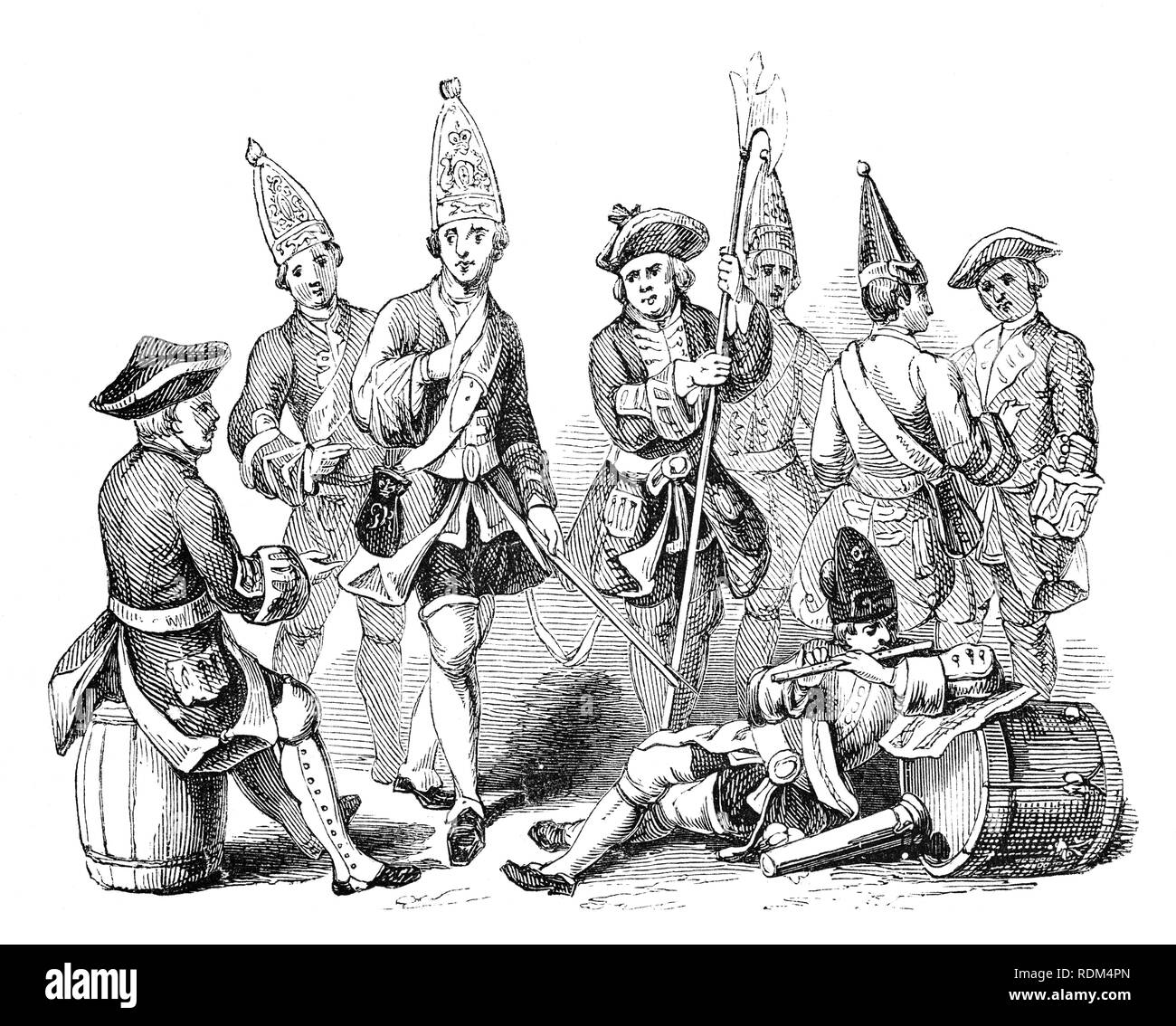Xviii secolo militare esercito britannico divise usurate durante il regno di Re Giorgio II Foto Stock