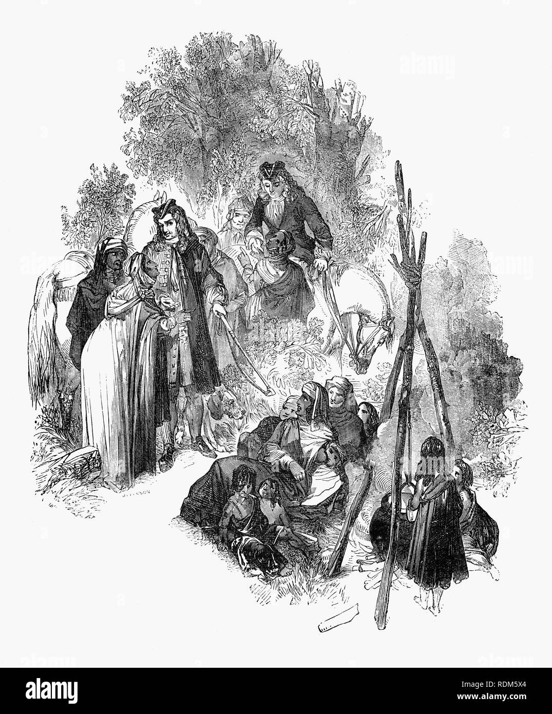 Sir Roger de Coverley, il carattere fittizio, ideato da Joseph Addison, che ritraeva lui come l'apparente autore di documenti e lettere che sono state pubblicate in Addison e Richard Steele's periodico influenti lo spettatore. Sir Roger era un baronet del Worcestershire e fu destinata a rappresentare un tipico sbarcati country gentleman, forse con un concience sociale come si vede qui a parlare a un gruppo di Zingari. Egli è stato anche un membro della fittizia spettatore Club e il de Coverley Gli scritti inclusi del xviii secolo di vita inglese che sono state spesso considerate il spettatore la migliore caratteristica. Foto Stock