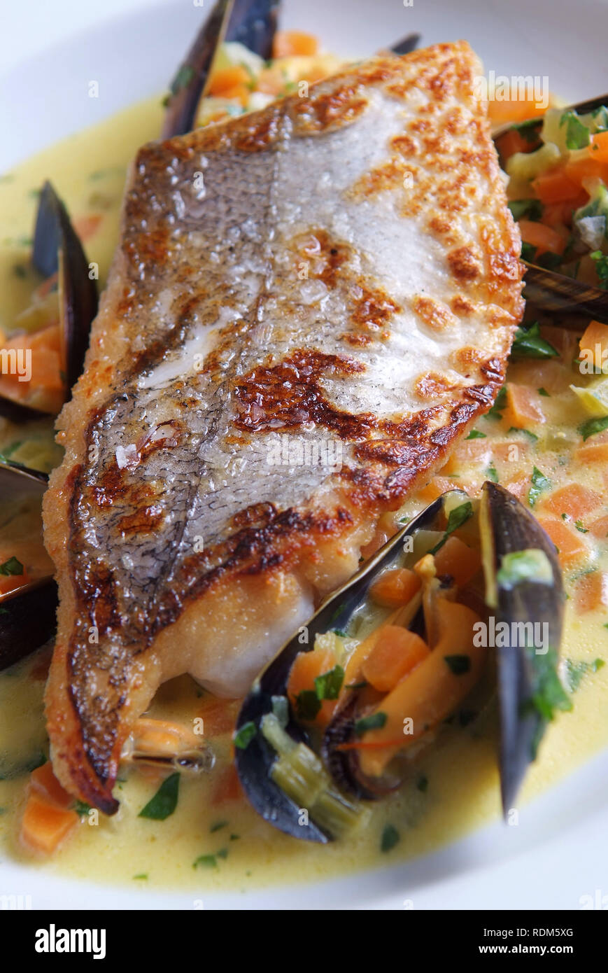 Filetto di nasello con cozze e zafferano Foto Stock