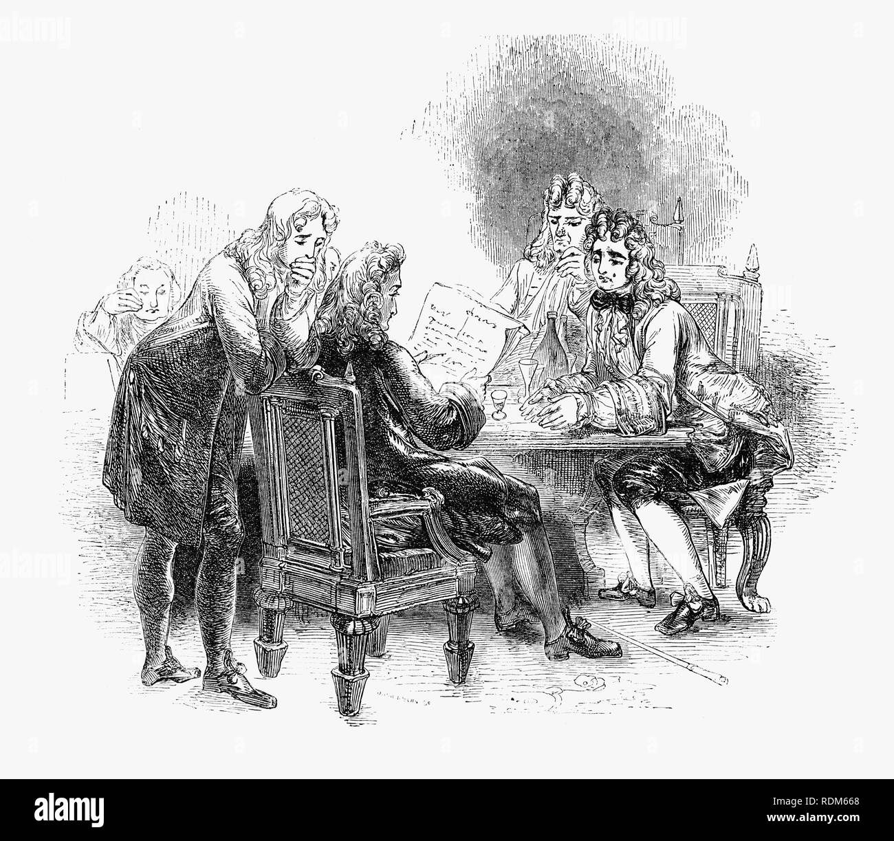 La morte di Sir Roger de Coverley, il carattere fittizio, ideato da Joseph Addison ha annunciato al suo club. Egli è stato raffigurato come l'apparente autore di documenti e lettere che sono state pubblicate in Addison e Richard Steele's periodico influenti lo spettatore. Sir Roger era un baronet del Worcestershire e fu destinata a rappresentare un tipico sbarcati country gentleman egli è stato anche un membro della fittizia spettatore Club e il de Coverley Gli scritti inclusi divertente vignette di inizio del XVIII secolo di vita inglese che sono state spesso considerate il spettatore la migliore caratteristica. Foto Stock