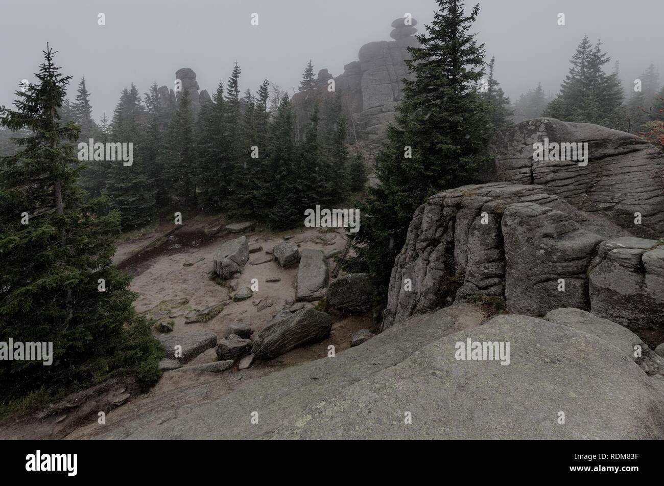 Pielgrzymy (Ger. Dreisteine) formazione di roccia, Karkonosze (Monti dei Giganti) mountain range. Polonia, Bassa Slesia provincia. Foto Stock