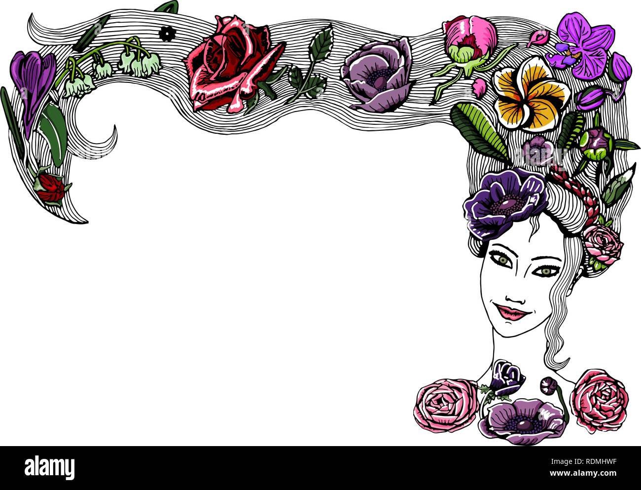 Bella ragazza giovane faccia con i capelli lunghi e fiori colorati, le gemme e le foglie in acconciatura. Primavera ragazza con peonia, rose, orchidea, anemoni flora. Illustrazione Vettoriale