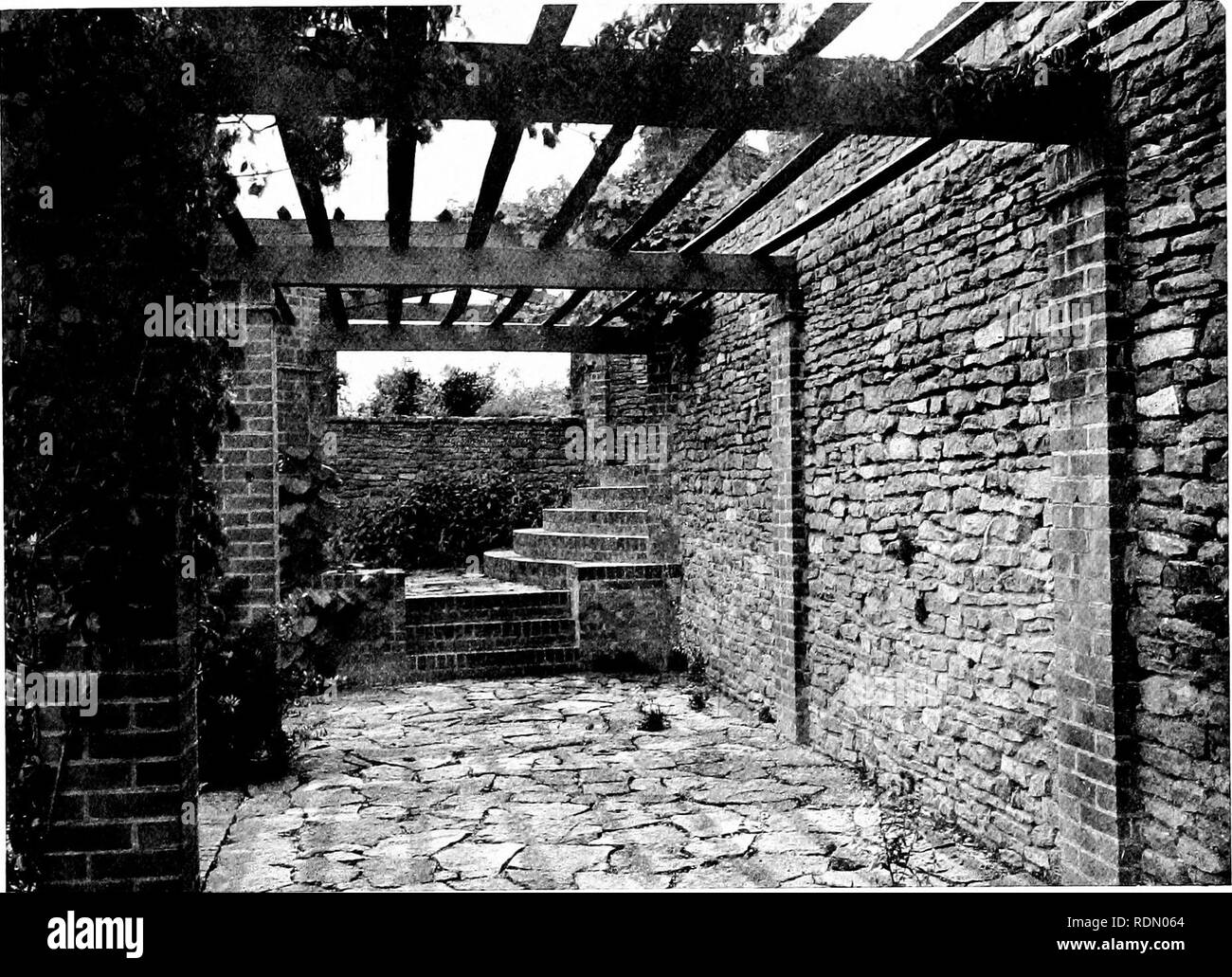 . Giardini per piccole case di campagna. Giardini. Highmount, Guildford. 53 Il forte di argilla calcarea è anche favorevole e la posizione dei giunti tra le pietre, dando rifugio e protezione da bagnato per la corona della pianta, ha reso possibile utilizzare piante che non potrebbero altrimenti essere hardy. Cospicuamente bella Highmount, se pur in modo ultimamente piantato, è la gara italiana del Sud Campanula isophylla, di solito cresciuto in serre e non hardy in open, pur qui in crescita inarrestabile e piena di salute e sviluppo. Cercando la duplice scalinata dal giardino di rose attraverso Foto Stock