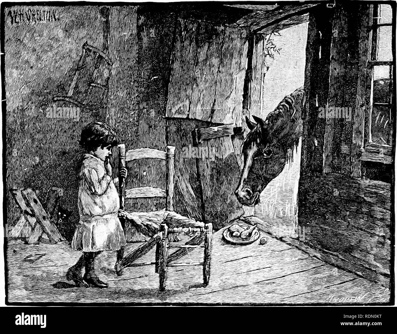 . Quattro piedi, due piedi e i piedi non; o, peloso feathery e animali domestici, e il loro modo di vivere. Il comportamento di animali. La cena per tre. Poco Eva ha preso una scorpacciata di cena fuori nel legno-shed, per sfamare la sua kitties. Quando lei li ha chiamati il nero kit e il kit di grigio sia eseguito alla piastra. Ciascuna di esse colto un po' di carne, e ha cominciato ad agitare e Growler su di esso. " Non litigare, poco kits! " Detto Eva. Quando la carne è stata tutte raccolte fuori il kitties fuggirono. " Oh, ora hanno sprecato tutto il resto della cena," ha detto Eva. Ma proprio allora il vecchio Dobbin, il cavallo, vide la piastra. Egli era stato girare Foto Stock