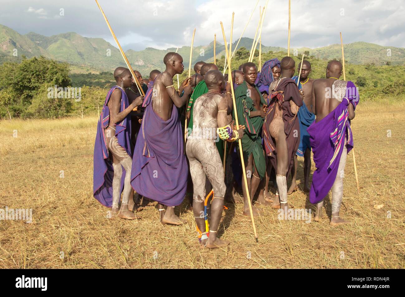 Donga stick lotta cerimonia, tribù Surma, Tulgit, Omo River Valley, Etiopia, Africa Foto Stock