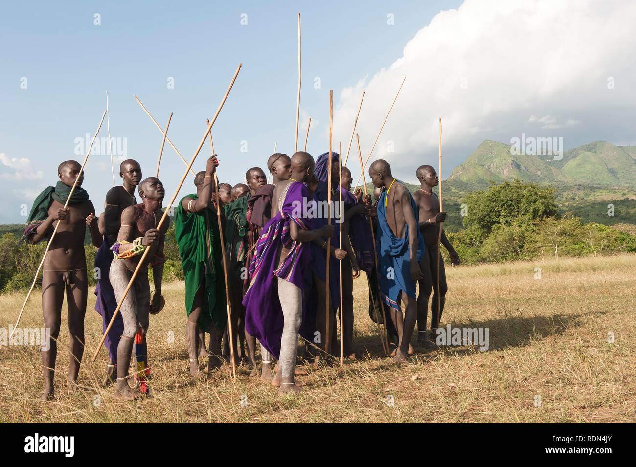 Donga stick lotta cerimonia, tribù Surma, Tulgit, Omo River Valley, Etiopia, Africa Foto Stock