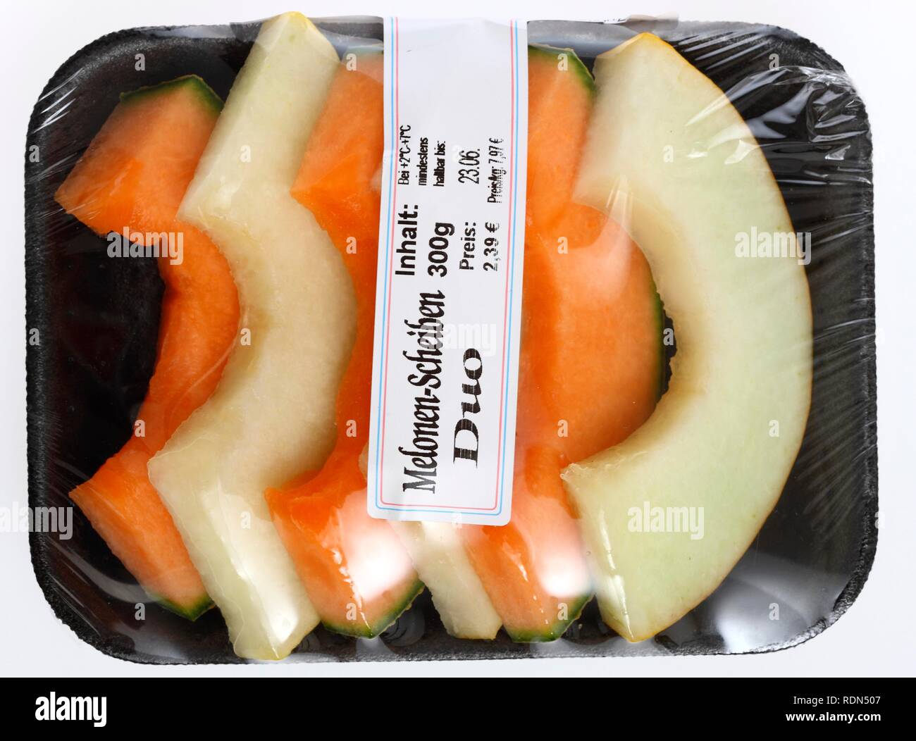 Fette di melone, confezionati per il consumo immediato Foto Stock