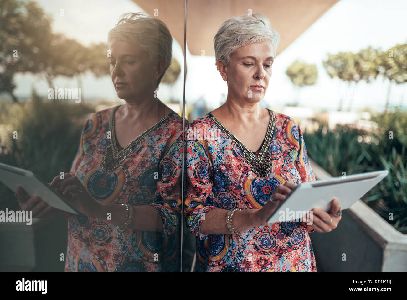 Ritratto di un bellissimo pelo grigio donna di mezza età lavorando su tavoletta digitale Foto Stock