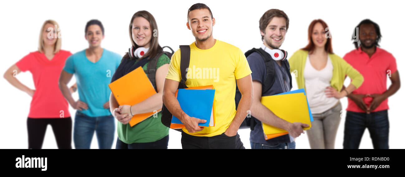Gruppo di studenti studente di college giovani studio educazione sorridendo felice isolato su sfondo bianco Foto Stock