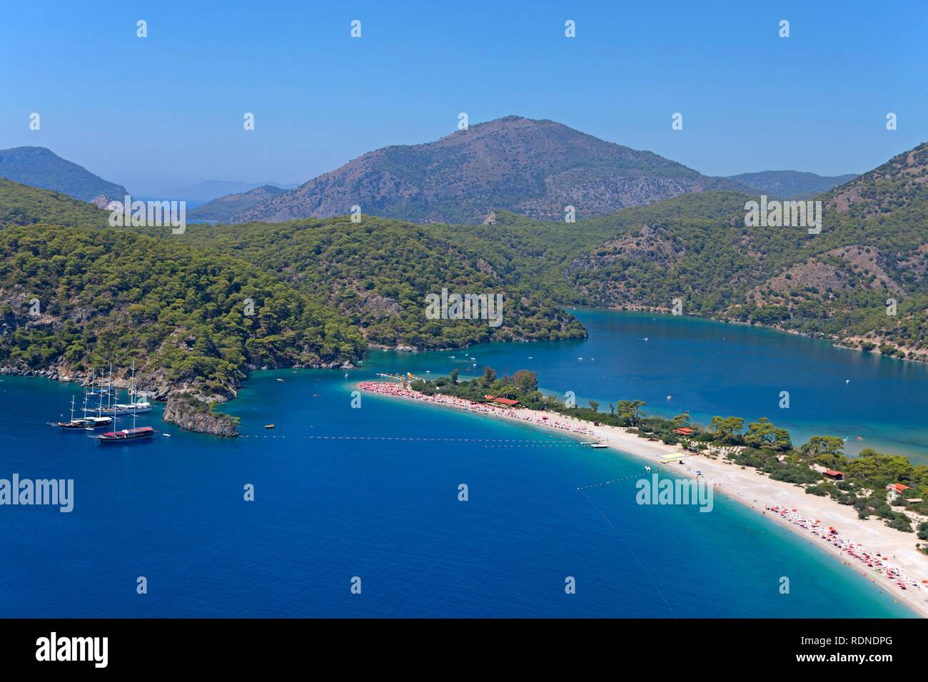 Vista aerea, Oludeniz o Olu Deniz Bay nei pressi di Fethiye, nella costa occidentale della Turchia, Asia Foto Stock