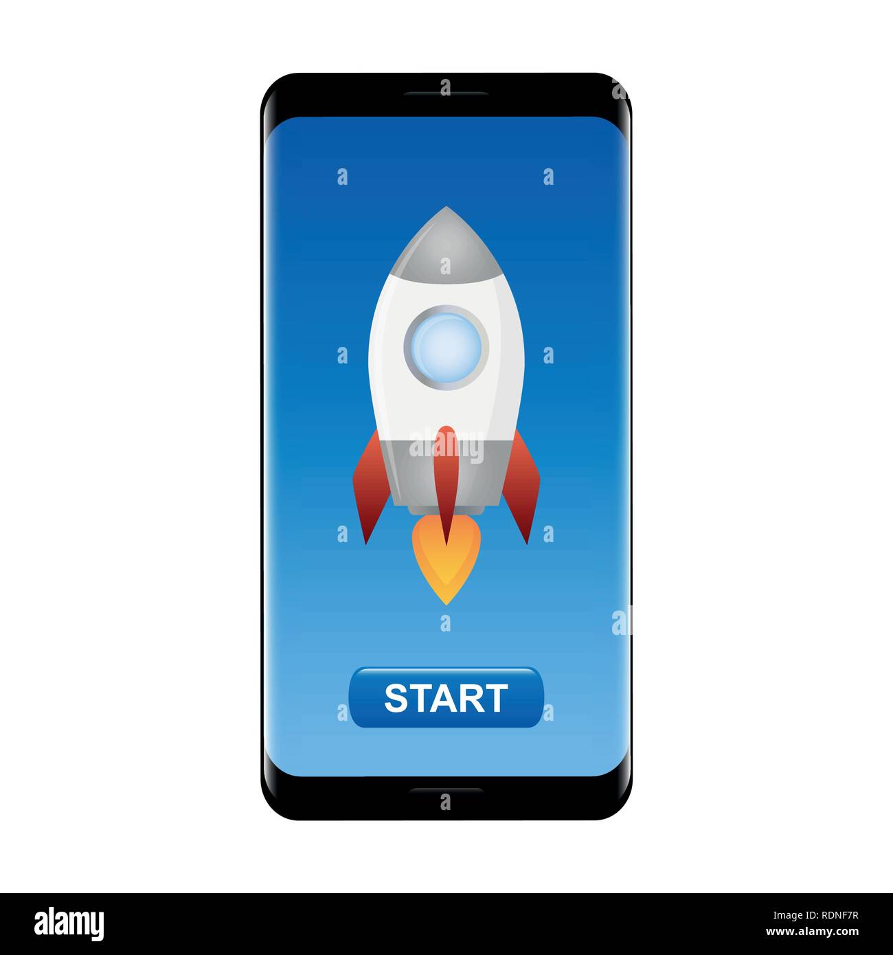 Rocket in uno smartphone con pulsante di avvio illustrazione vettoriale EPS10 Illustrazione Vettoriale