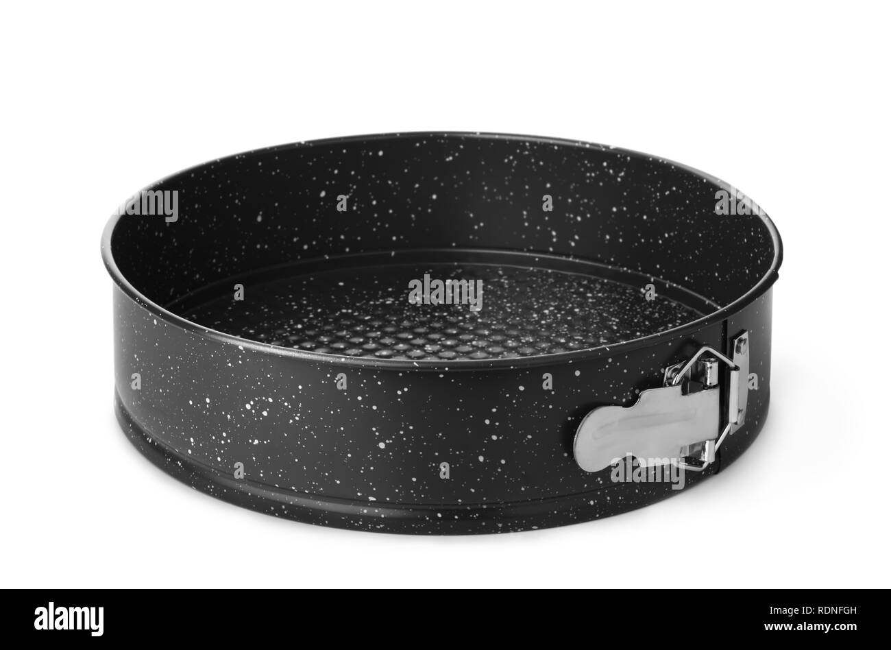 Cottura in acciaio teglia isolato su bianco Foto Stock