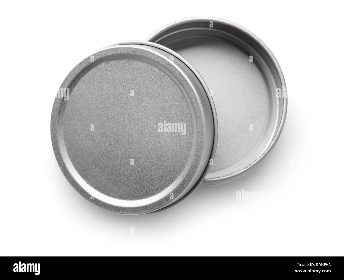 Vista superiore del vuoto rotondo di metallo contenitore isolato su bianco Foto Stock