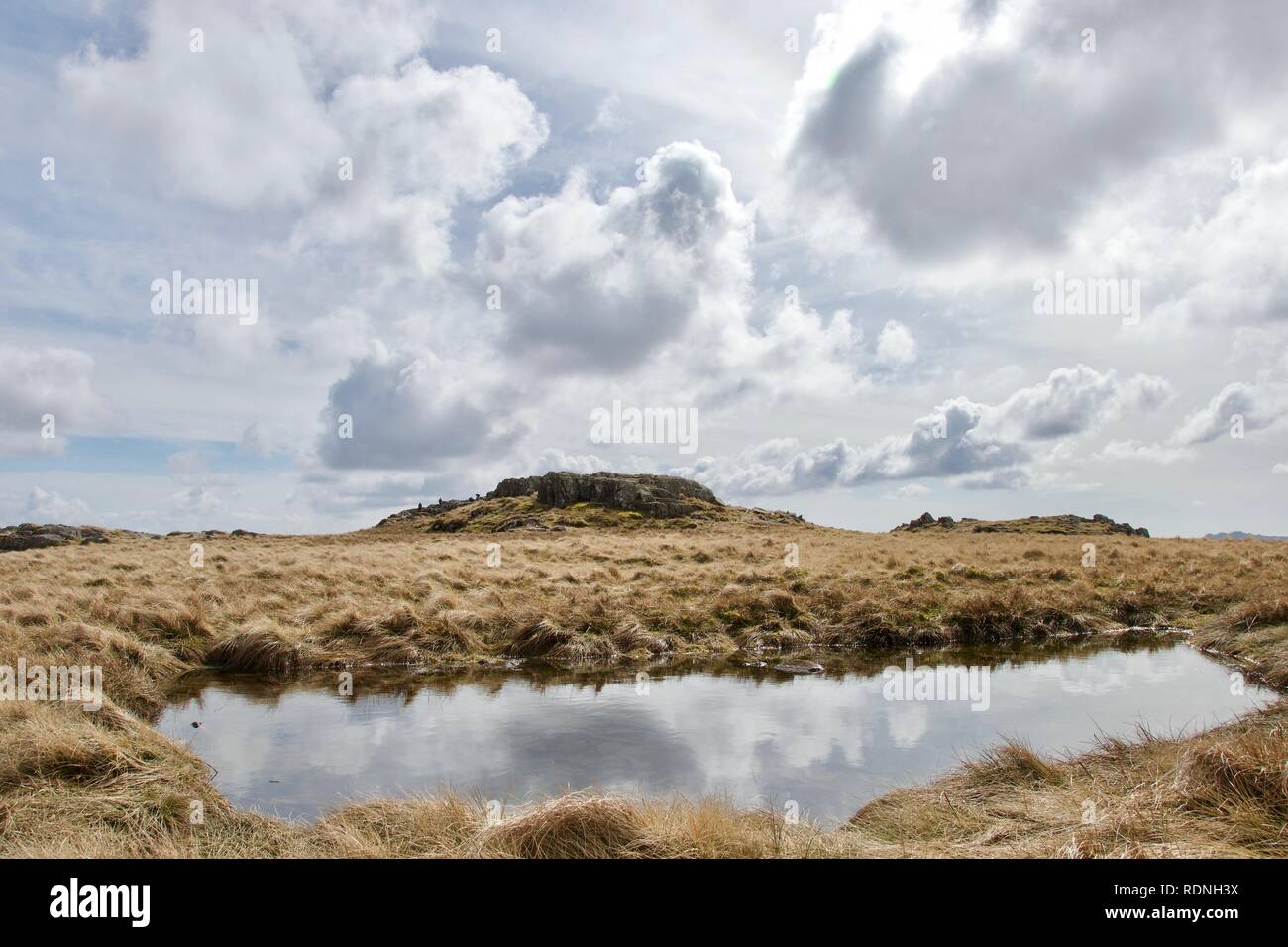 Riflessi di nubi in un perfettamente ancora Mountain Pool / lago / tarn, in 'Boggy erba palustre sulla sommità fo un caduto nel distretto del lago (Cumbria, en Foto Stock