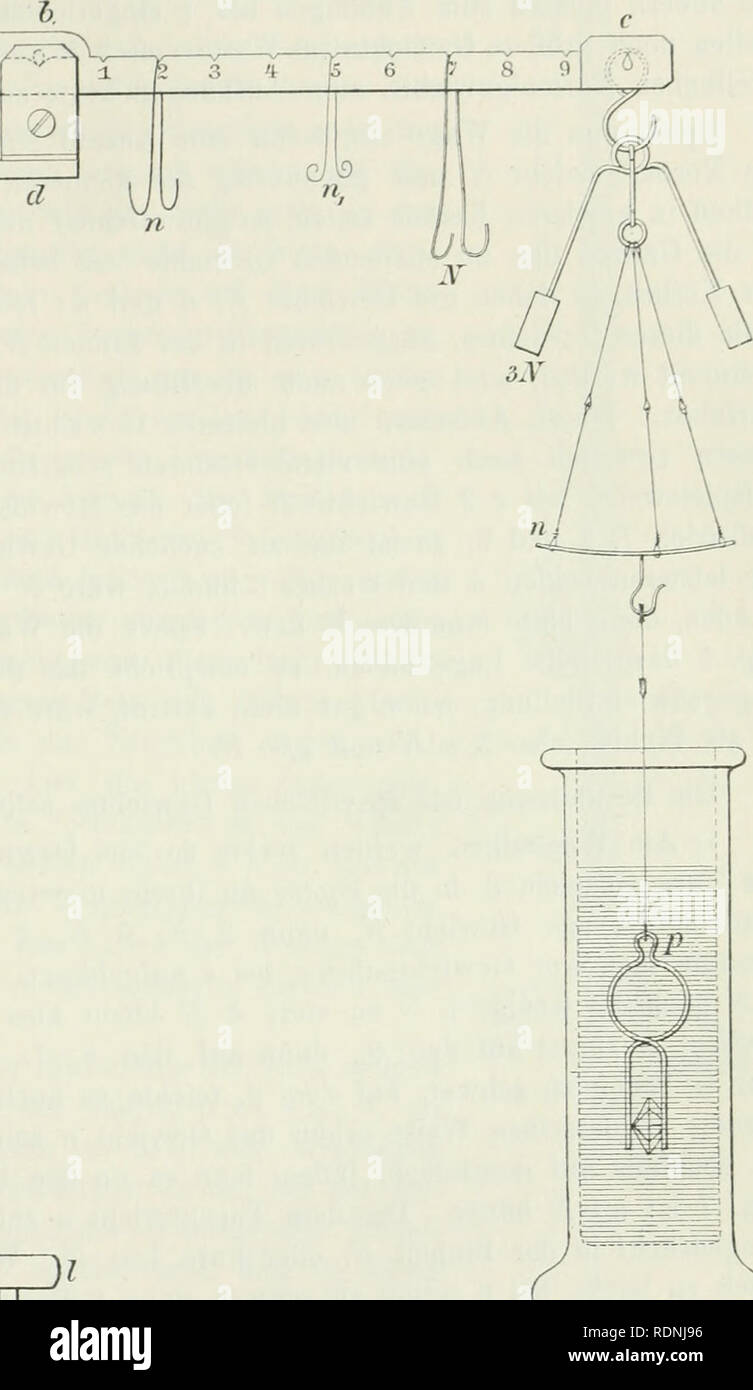 . Edelsteinkunde; eine allgemein verstÃ¤ndliche Darstellung der Eigenschaften, des Vorkommens und der Verwendung der Edelsteine, nebst einer Anleitung zur Bestimmung derselben, fÃ¼r Mineralogen, Edelsteinliebhaver, Steinschleifer, Juweliere. Coralli; perle; pietre preziose. ^^ flÂ"rrrrTTjTm&GT; ^ k s. 2 La Fig. 5. Salario Westphalsche zur Bestimmung Mes spezifischen^^Gewichts fester KÃ¶rper (V2 uatÃ¼rl. GrÃ¶Ãe). J  Un ^ 10' 10' lÃ¶ der Gewichtseinheit besitzt. AuÃerdem ist ein zweites Gewicht vor n- l banden, das nur den zehnten Teil von ^V betrÃ¤gt, anche n =âiV. Bei c hÃ¤ngend, cappello e Wagbalken dem Foto Stock