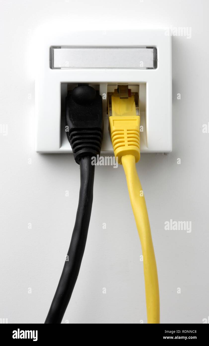 Cavo LAN, il cavo di rete in una presa per il collegamento del computer ad una rete Foto Stock