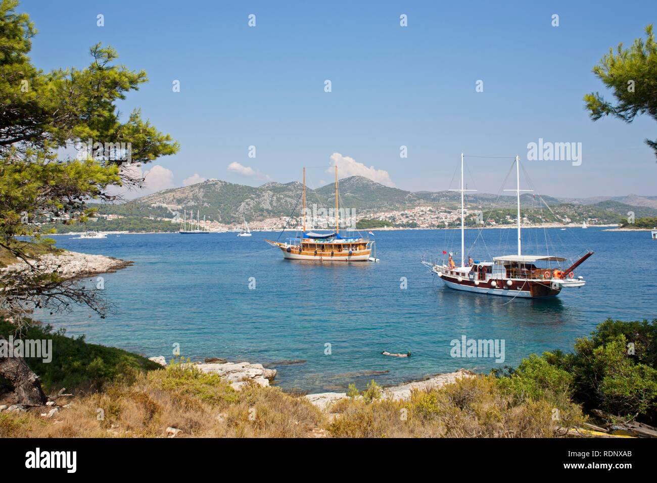 Escursione di ancoraggio barche off Stipanska isola, Isola di Hvar sul retro, Dalmazia Centrale, Adriatico, Croazia, Europa Foto Stock