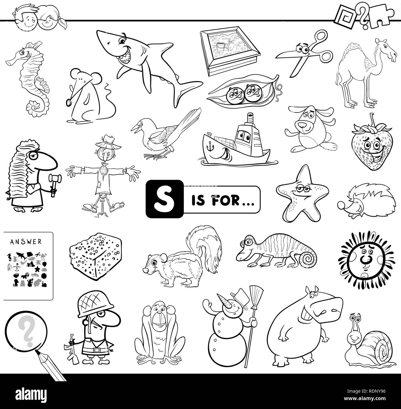 Bianco e Nero Cartoon illustrazione di trovare foto che iniziano con la lettera S Gioco educativo eserciziario per bambini Libro da colorare Illustrazione Vettoriale