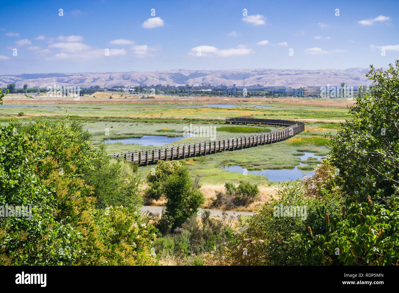 Vista aerea di paludi nel Don Edwards Wildlife Refuge, Fremont, San Francisco Bay Area, California Foto Stock
