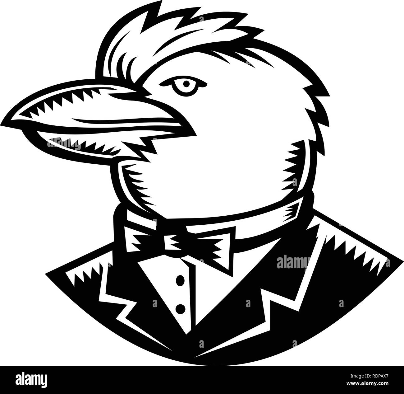 Retrò stile xilografia illustrazione della testa della Kookaburra, un albero terrestre kingfisher del genere Dacelo, nativo in Australia e in Nuova Guinea, con lo smoking. Illustrazione Vettoriale